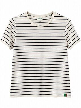 KULE Green Women's S Cream Navy Striped Organic Cotton Short Sleeve T-Shirt
